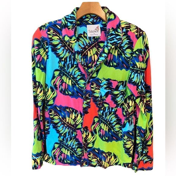 Vespa Sz S Lime Green Fuschia Pink Tropical Palm Leaves 2-Piece Loungewear PJ’s - Picture 2 of 10